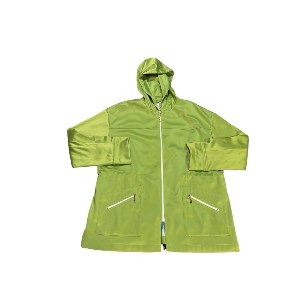 St John Sport Lime Green Hooded Zip Jacket Tropical Print Lining Womens Sz Small
